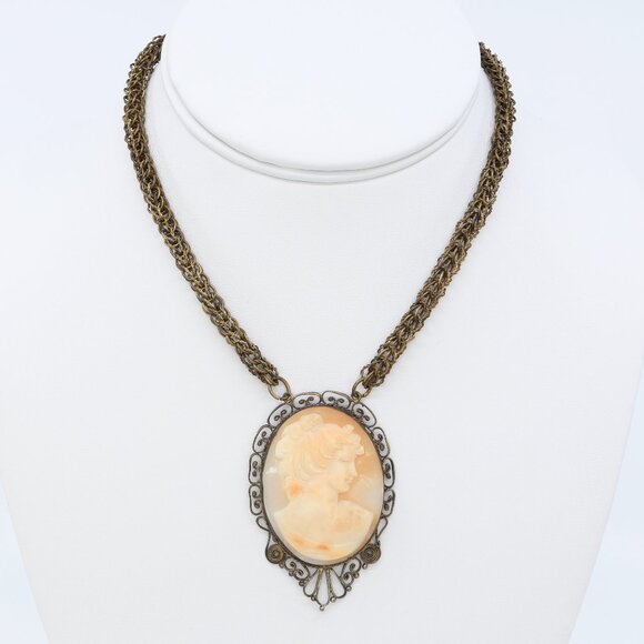 Vintage Victorian Revival Brass Filigree Shell Cameo Woven Rope Chain Necklace - Picture 1 of 6